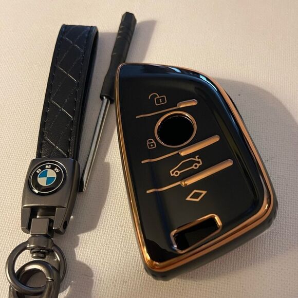 BMW Logo key fob Keychain Black Leather & Key Fob Cover in Black NWT - Picture 3 of 6